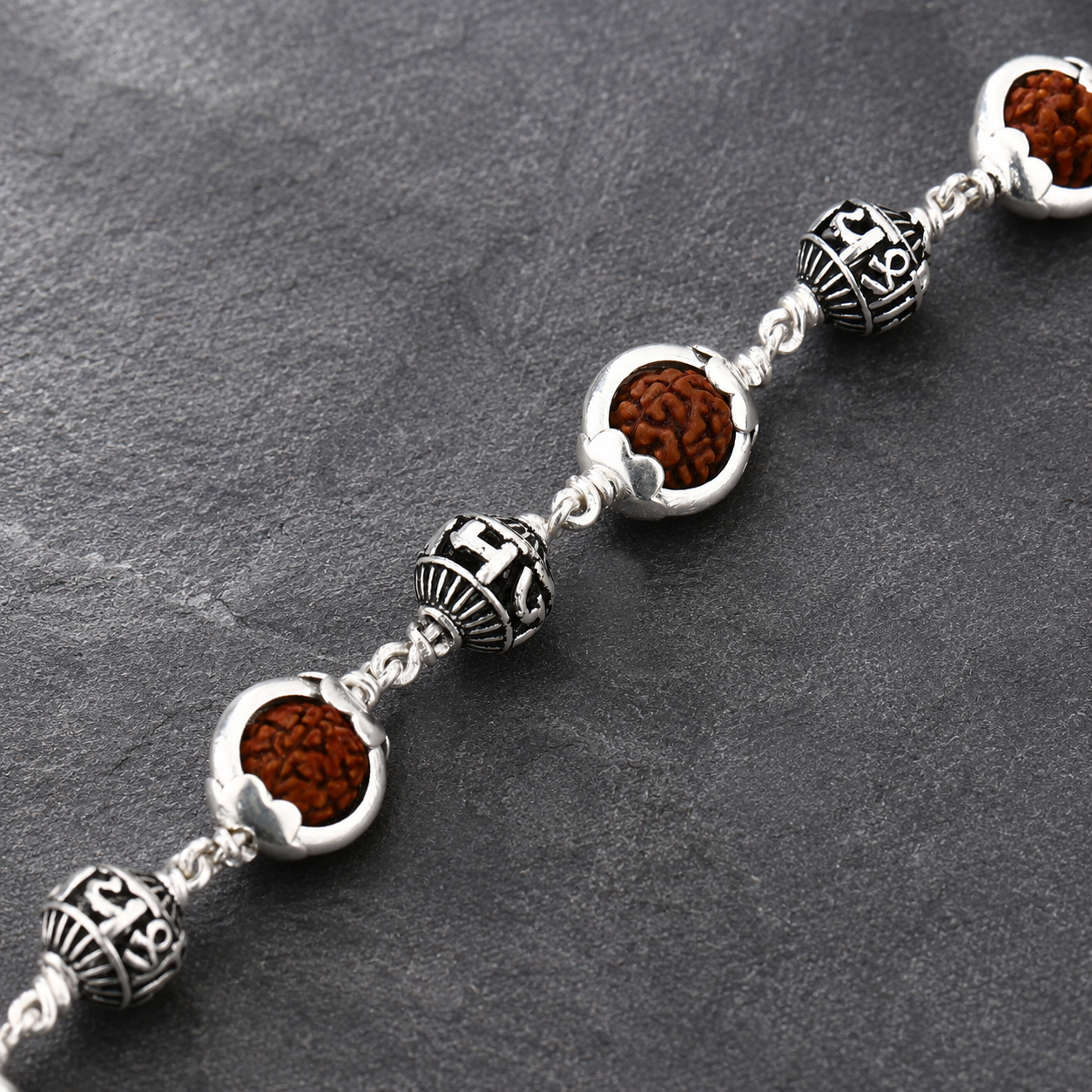 Rudraksha bracelet with six Jay Shree Ram 925 silver beads