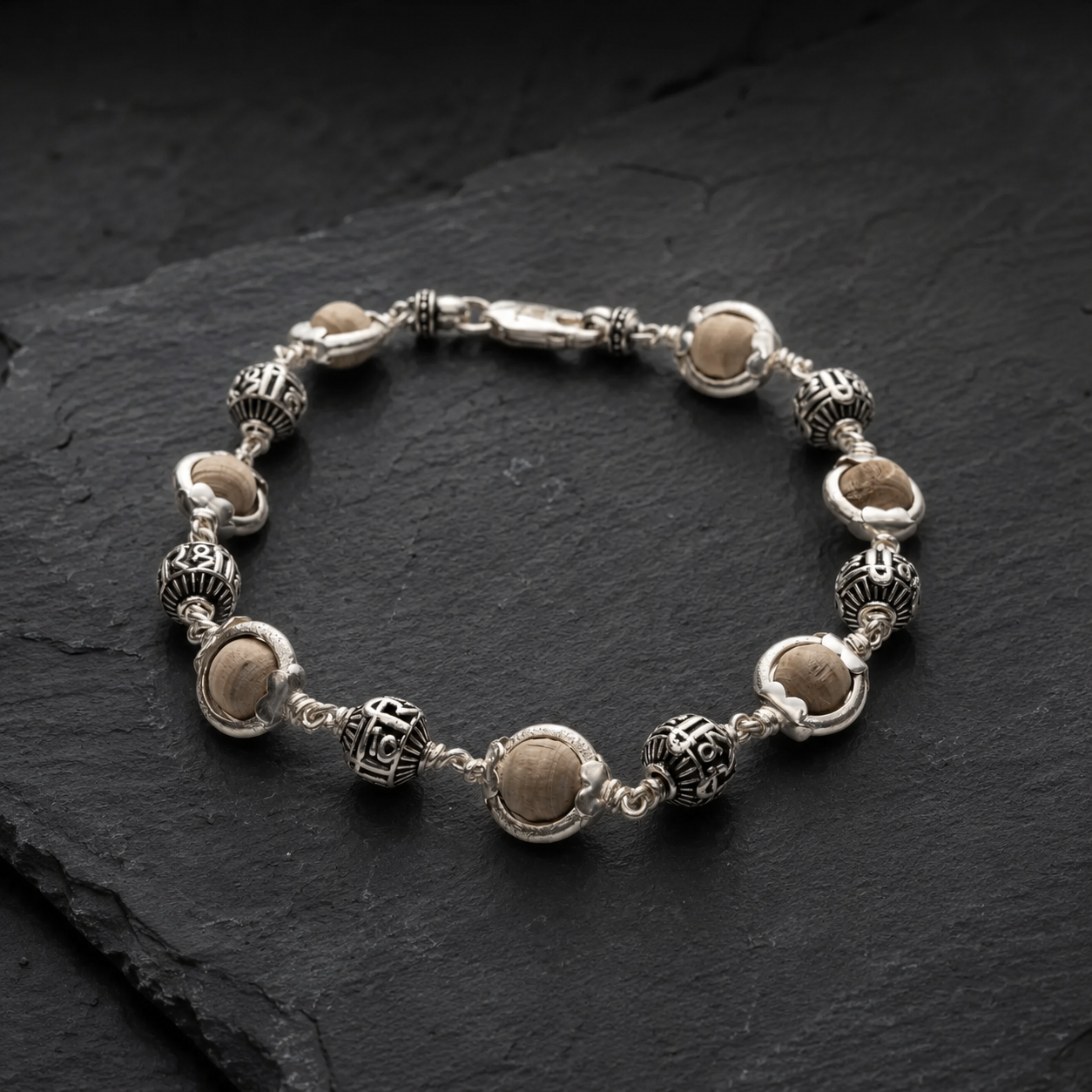 Shree Hari silver bead Tulsi bracelet front view