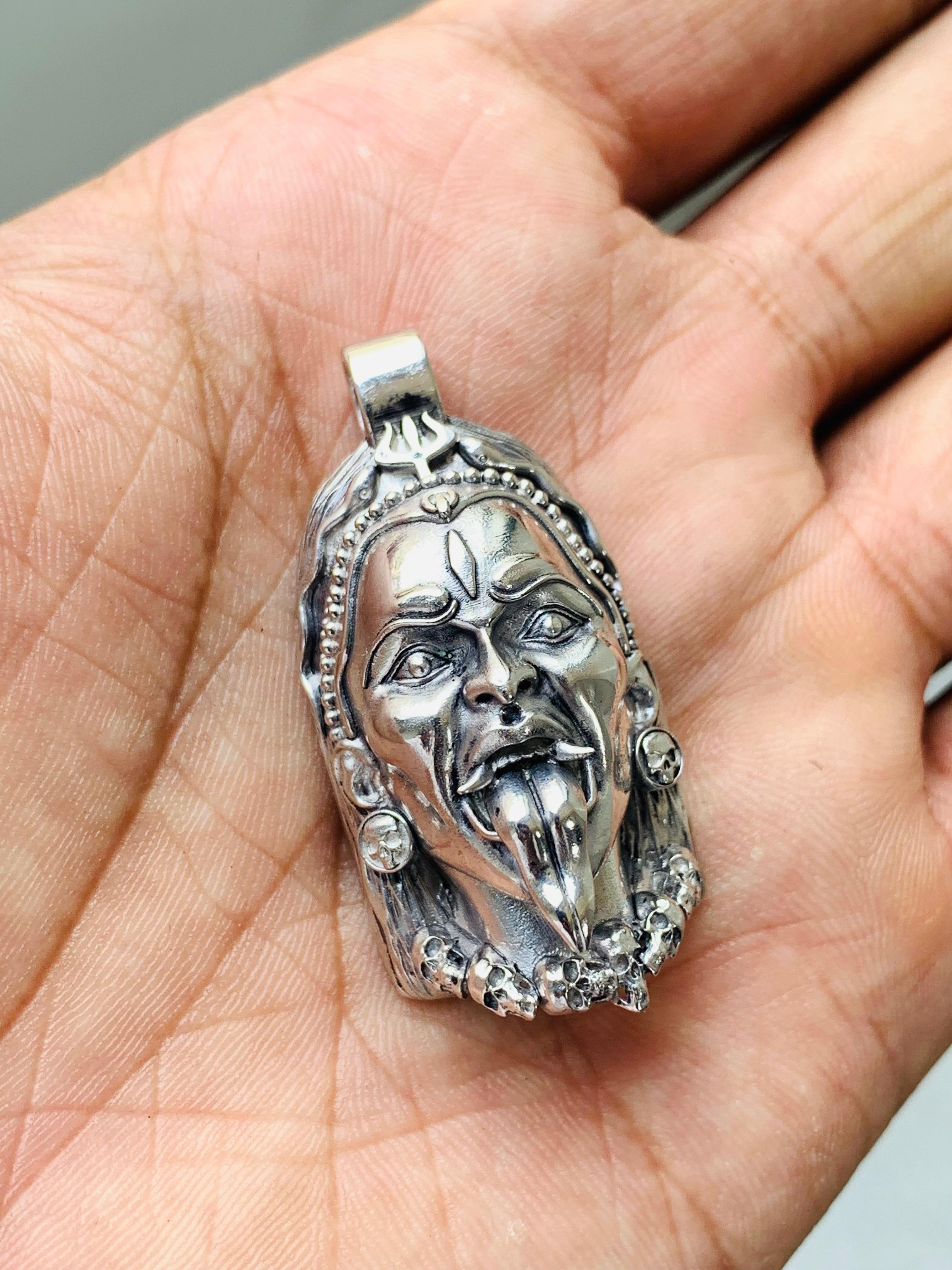 925 Silver Kali Maa Face Pendant - Hindu Goddess Jewelry