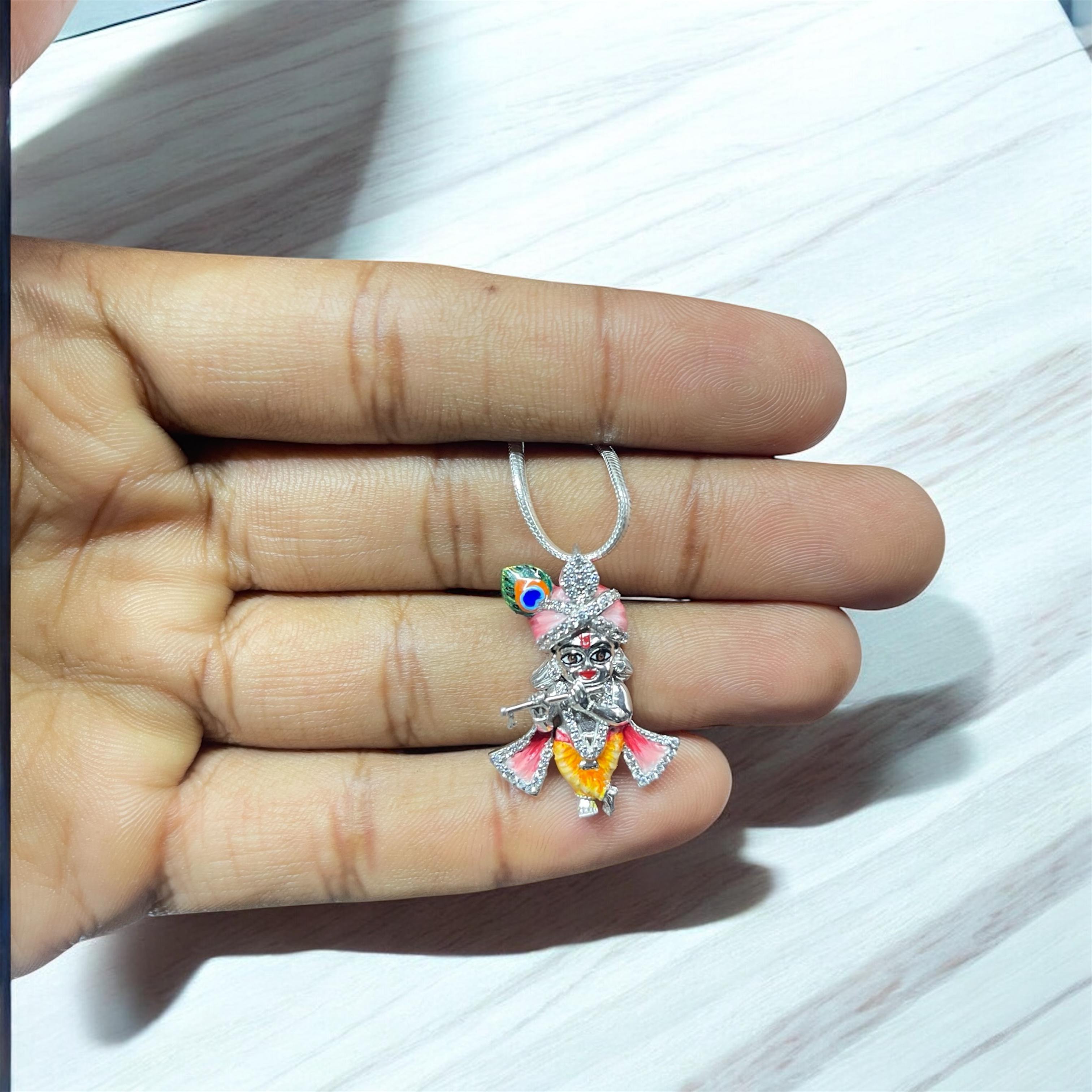 925 Silver Little Krishna Idol Pendant with Stones & Enamel – Divine Bal Gopal Jewelry for Blessings, Devotion & Protection