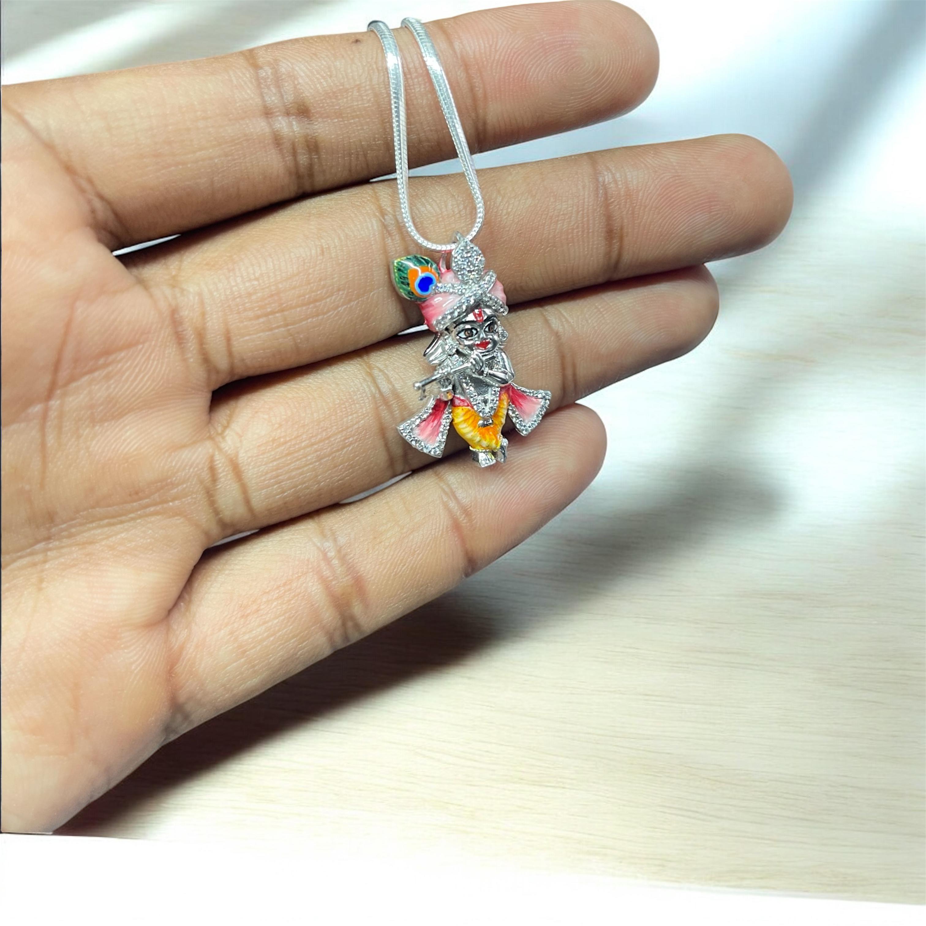 925 Silver Little Krishna Idol Pendant with Stones & Enamel – Divine Bal Gopal Jewelry for Blessings, Devotion & Protection