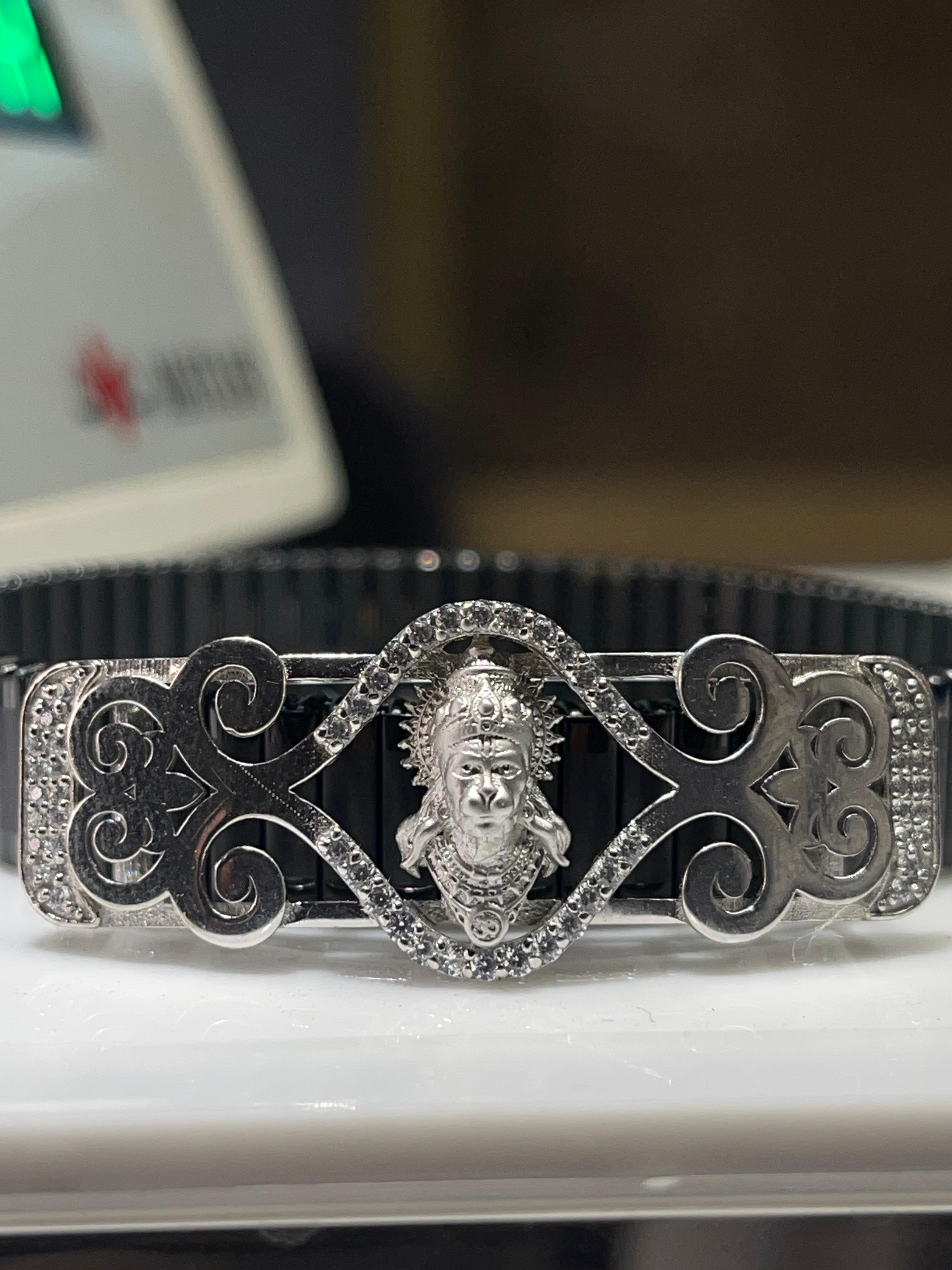 “925 Silver Hanumanji Bracelet | Intricate Mina Work, Diamond Accents, Spiritual Hindu Jewelry for Men & Women