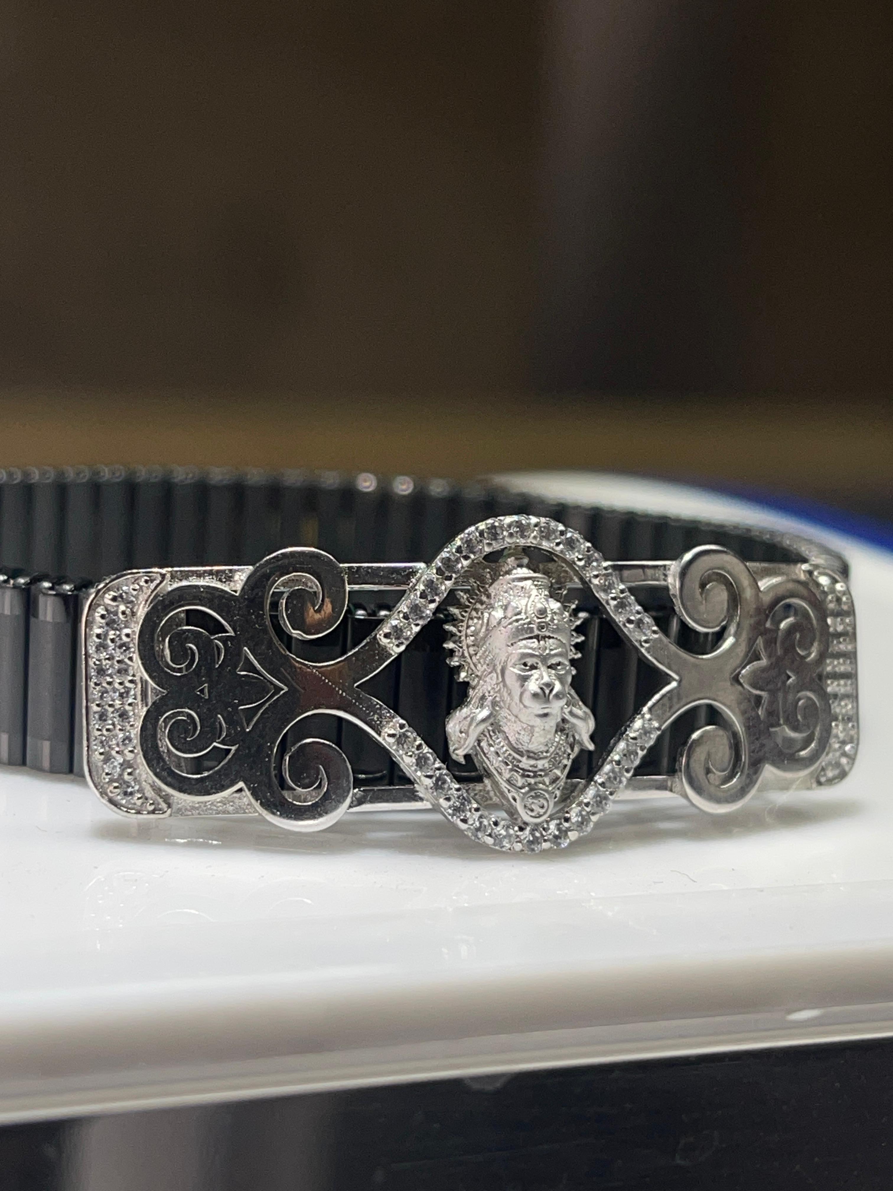 “925 Silver Hanumanji Bracelet | Intricate Mina Work, Diamond Accents, Spiritual Hindu Jewelry for Men & Women