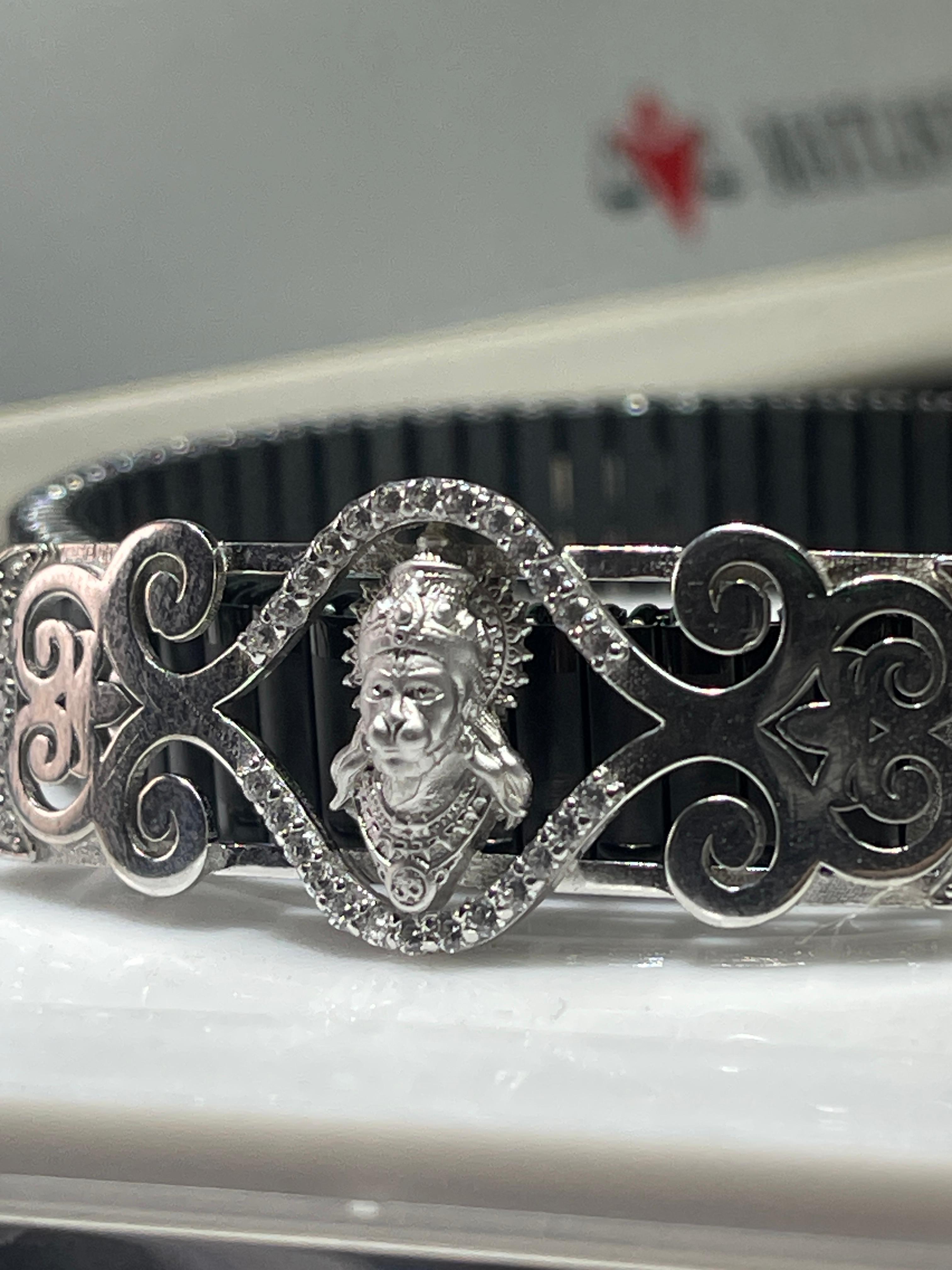 “925 Silver Hanumanji Bracelet | Intricate Mina Work, Diamond Accents, Spiritual Hindu Jewelry for Men & Women