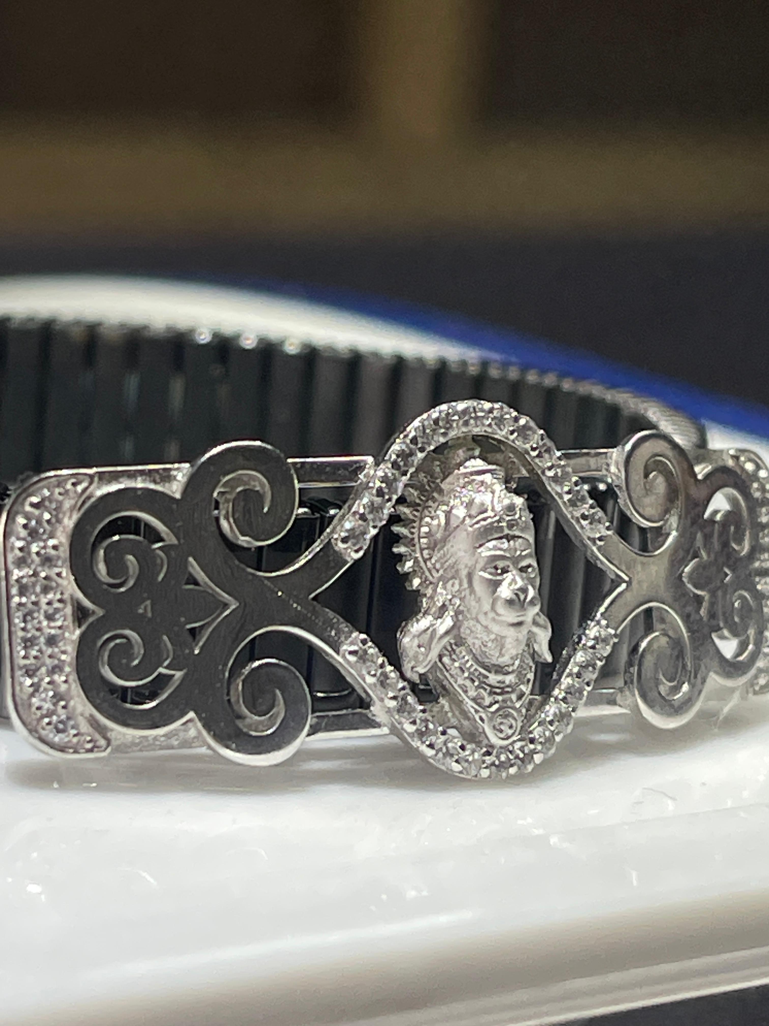 “925 Silver Hanumanji Bracelet | Intricate Mina Work, Diamond Accents, Spiritual Hindu Jewelry for Men & Women