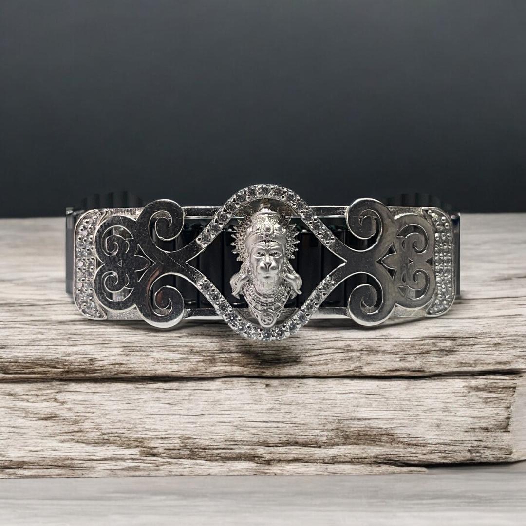“925 Silver Hanumanji Bracelet | Intricate Mina Work, Diamond Accents, Spiritual Hindu Jewelry for Men & Women