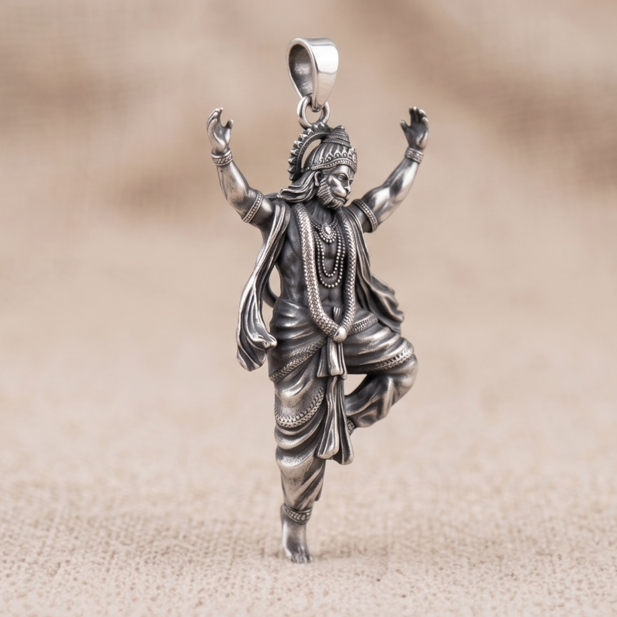 Antique silver Dancing Hanuman pendant detail