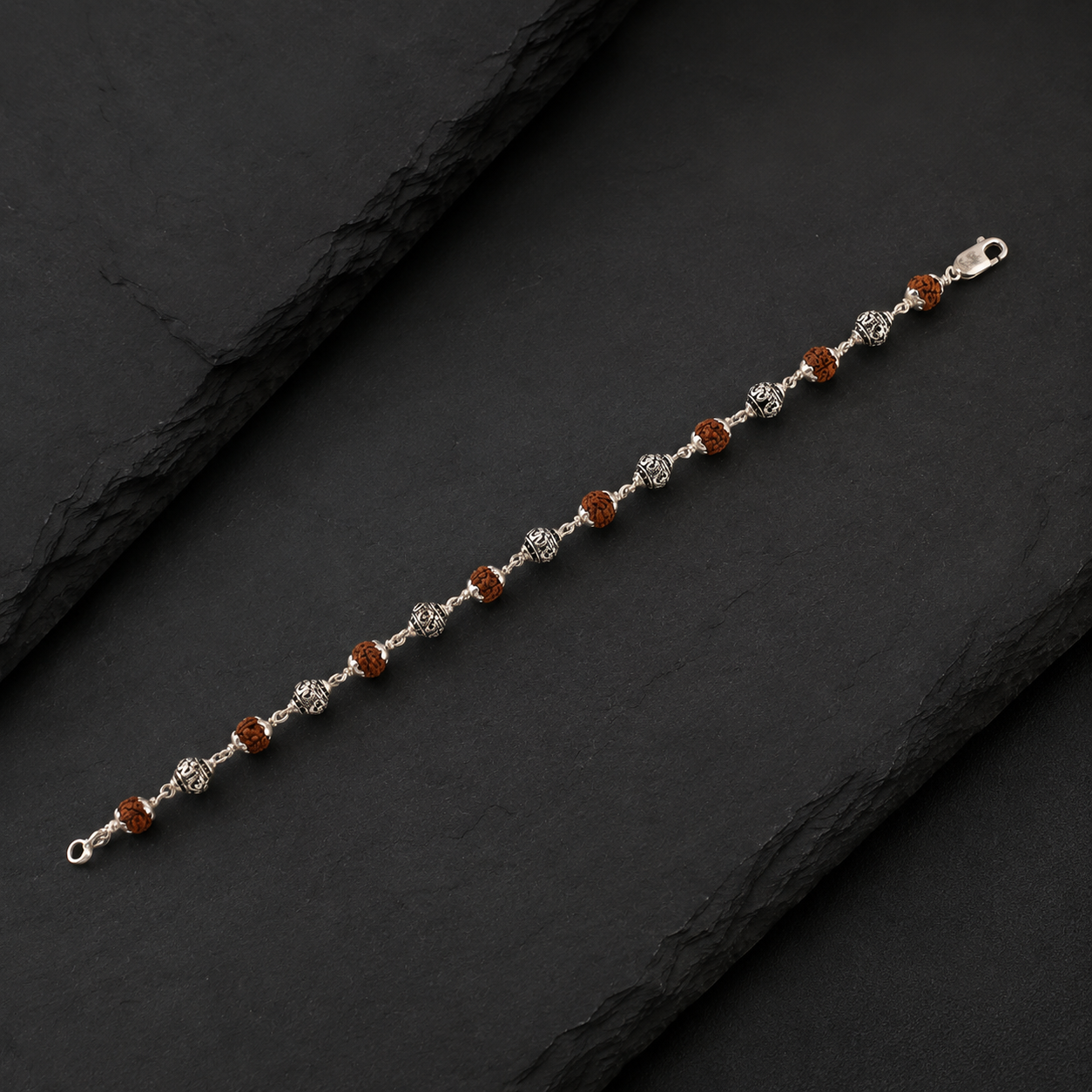 Panchmukhi Rudraksha and sterling silver Om bracelet front view